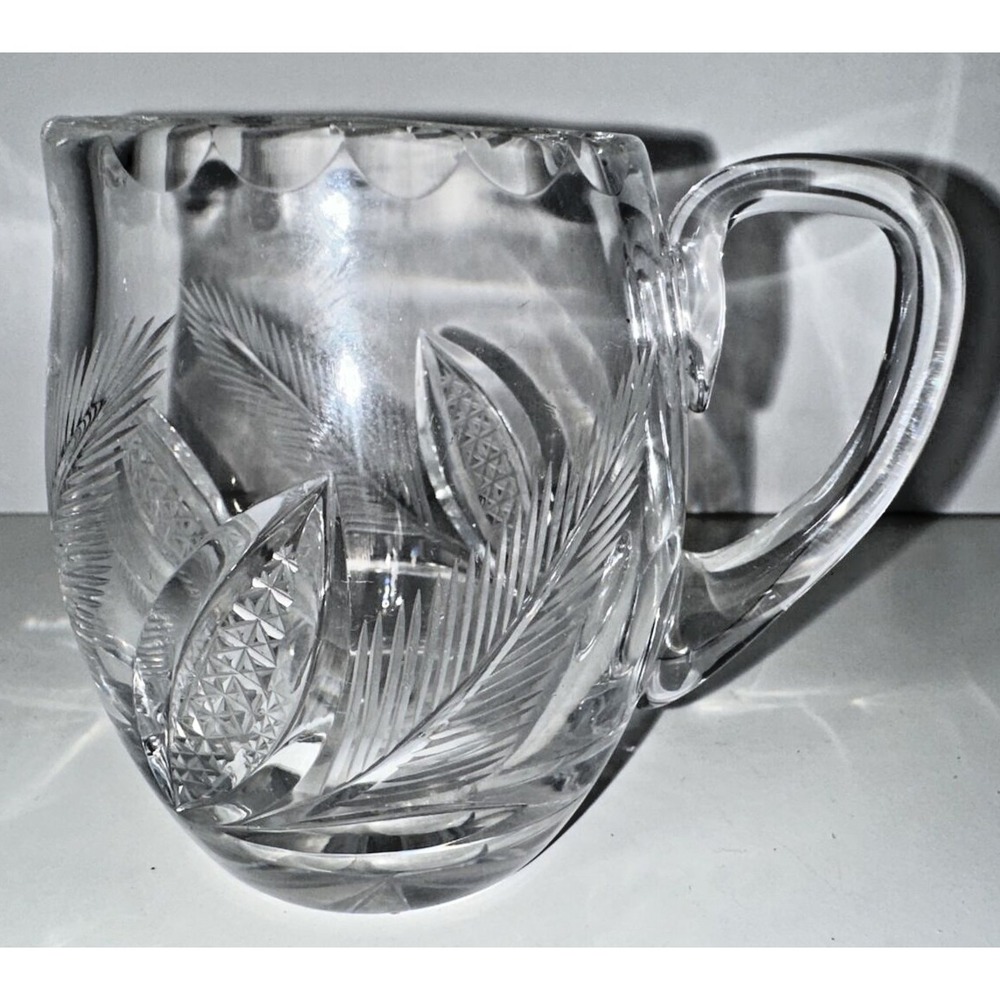 Vintage Heavy Cut Crystal Creamer With Leaves 3.25" x 4" - EUC